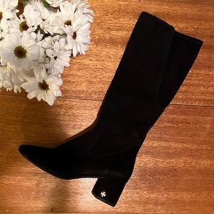 Black Kid Suede Knee High Riding Boot with Black Heel Logo Hardware